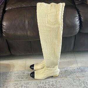 CHANEL Cream and Black Over the Knee Boots